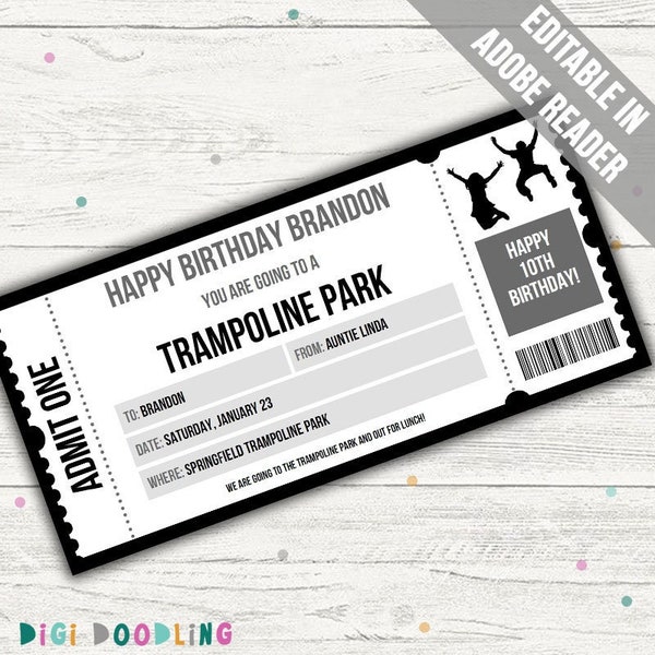 Trampoline Park Ticket Template. Trampoline Park Surprise Reveal. Trampoline Park Gift Voucher. Printable. Editable For Any Occasion.