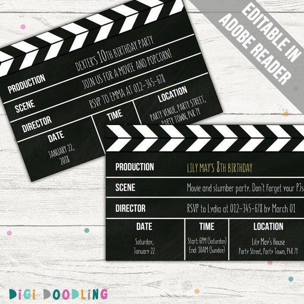 Movie Clapper Invitation (Movie Party Invitation). Editable PDF. Printable. Instant Download.