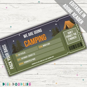 Révélation du voyage surprise en camping. Modèle de bon de voyage en camping. Billet de camping. Voyage en caravane. Révélation du voyage de vacances. Modifiable en toute occasion.