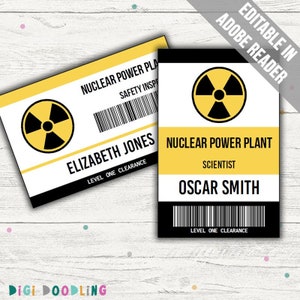 Plantilla de credencial de científico nuclear. Recuerdos para fiestas científicas. Disfraz de científico. Etiqueta con nombre de científico. Pase VIP imprimible para fiestas científicas.