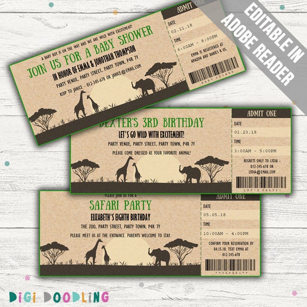 Safari Ticket Invitation (Safari Birthday Party or Safari Baby Shower). Editable PDF. Printable. Instant Download.