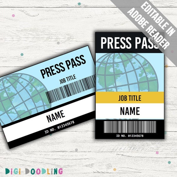 Press Pass ID Badge Template For Cosplay Or Pretend Play. Newspaper Reporter Costume. TV Reporter Costume. Journalist Costume. Printable.
