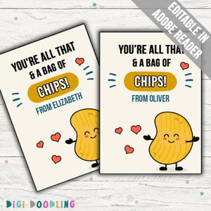 Plantilla de etiquetas con el mensaje "Eres todo eso y una bolsa de papas fritas". Etiquetas imprimibles para obsequios de cumpleaños para el aula. Bolsas de papas fritas como obsequios para fiestas. San Valentín para el aula