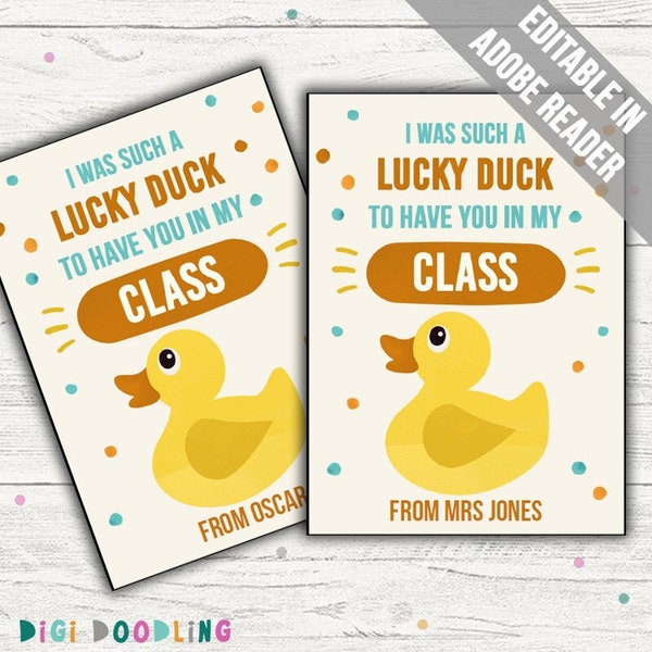 Printable Lucky Duck Class Gift Tag. End of Year Gift From Teacher To Student. Teacher To Pupil Gifts. Lucky Duck Nursery Gift Tag.