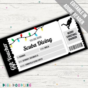 Plantilla de vale de regalo de buceo de Navidad. Certificado de regalo de buceo. Vale de buceo.