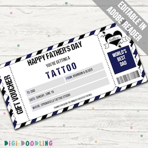 Plantilla de cupón de tatuaje para el Día del Padre. Cupón de regalo para tatuaje. Certificado de regalo para tatuaje. Editable para cualquier ocasión.