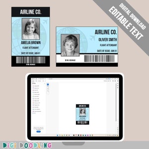 Afdrukbare sjabloon stewardess-ID-badge.  Stewardesskostuum. Halloween stewardess kostuum. Bewerken in Adobe.