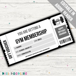 Plantilla de vale de regalo para membresía de gimnasio. Cupón de regalo para membresía de gimnasio. Certificado de regalo para gimnasio. Membresía de gimnasio sorpresa. Editable. Imprimible.