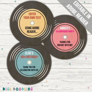 Vinyl Record Favor Tags (Vinyl Record Party Decorations). Editable. Printable. Instant Download.