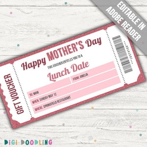 Mother&#39;s Day Lunch Voucher Template: Editable Meal Gift Certificate (Printable)