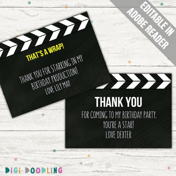 Movie Thank You Notes (Movie Party Thank You Card). Editable PDF. Printable. Instant Download.