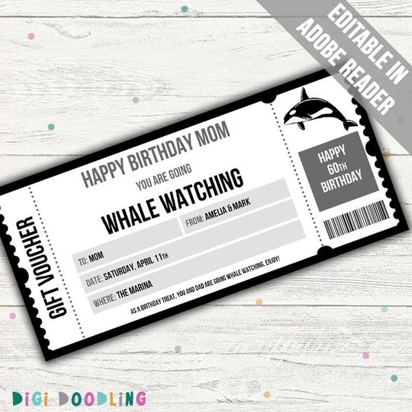 Whale Watching Gift Voucher Template. Whale Watching Gift Certificate. Whale Watching Voucher. Whale Watching Surprise Ticket. Any Occasion.