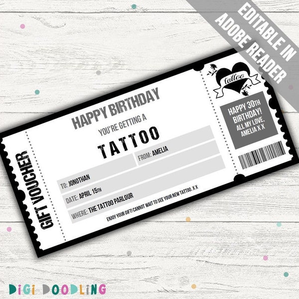 Tattoo Voucher Template. Tattoo Gift Voucher. Tattoo Gift Certificate. Editable for Any Occasion.
