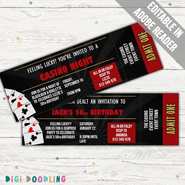 Kasino-Geburtstags-Einladung. Druckvorlage. Kasino-Party einladen. Las Vegas Einladung. Veränderbar. Sofort Download.