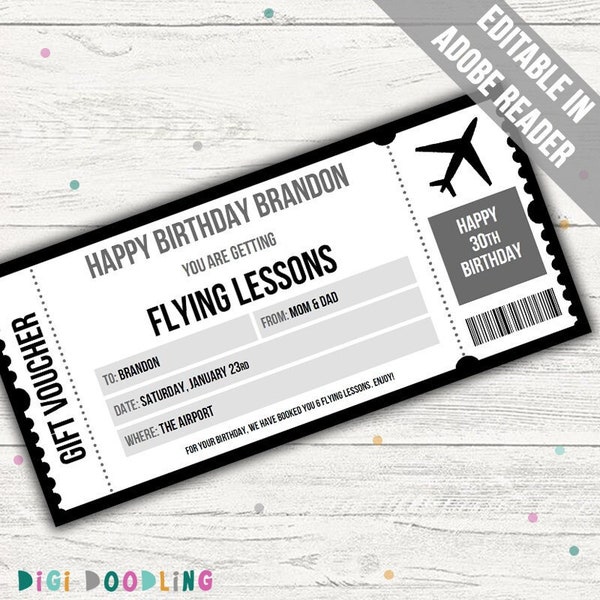 Flying Lesson Gift Voucher Template. Flying Lessons Voucher. Flying Lessons Gift Certificate. Flying Lesson Gift Card. Any Occasion.