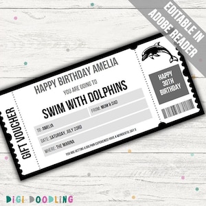 Swim With Dolphins Ticket Template. Surprise Swim With Dolphins Gift Voucher. Dolphin Experience Voucher. Gift Certificate. Any Occasion.