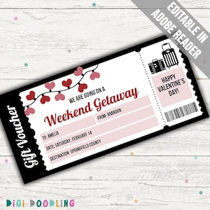 Valentines Day Getaway Voucher. Printable Weekend Getaway Ticket Template. Surprise Weekend Away. Weekend Away Reveal. Weekend Away Gift.