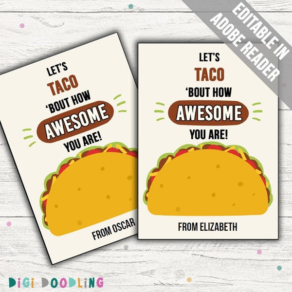 Taco Valentines Card For Class. Taco Valentine Tag. Taco Valentine Card For Kids. Classroom Valentine Card. Printable.