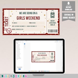 Weihnachts Mädchen Wochenende Ticket Vorlage. Druckbare Mädchen Wochenende einladen. Mädchen Trip Ticket. Surprise Trip Reveal Gutschein.