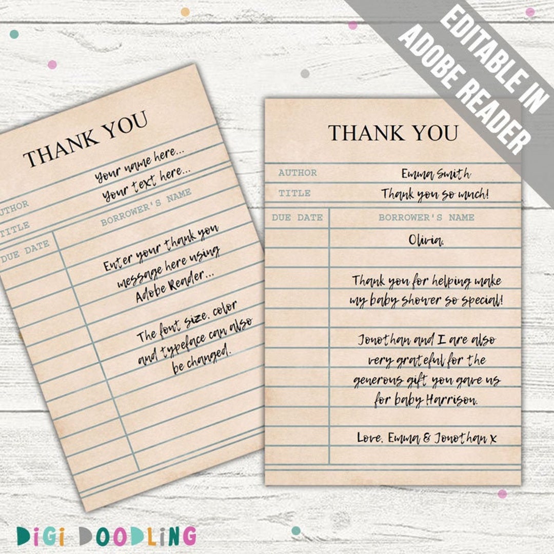 library-card-thank-you-notes-library-themed-baby-shower-wedding-birthday-retirement-editable-pdf-printable-instant-download-etsy for Librarian Thank You Card Printable Free Library Card Thank You Notes (library Themed Baby Shower, Wedding, Birthday, Retirement). Editable PDF. Printable. Instant Download. - Etsy for Librarian Thank You Card Printable Free