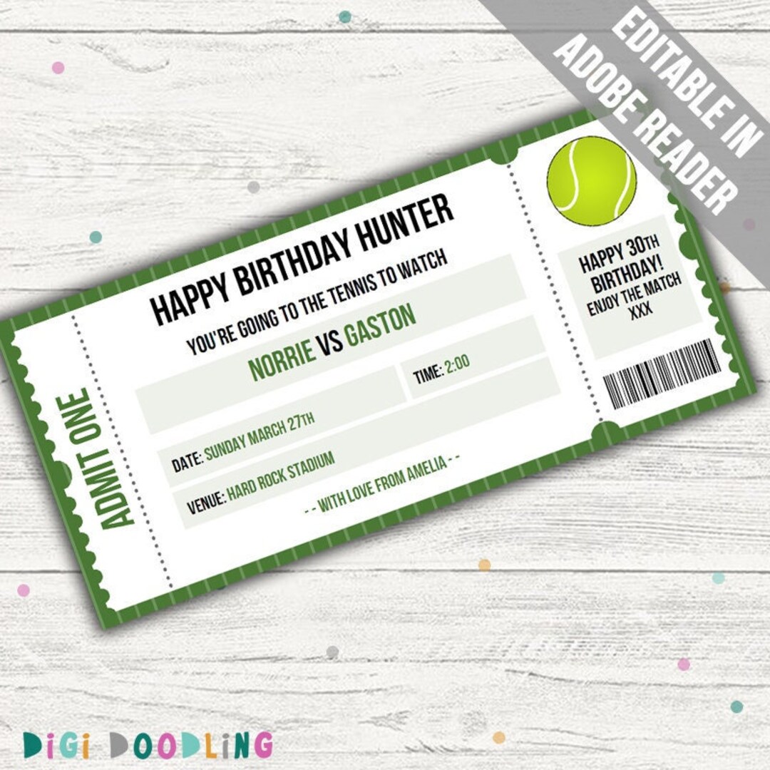 Surprise Tennis Ticket Template. Tennis Game Ticket. Tennis Etsy