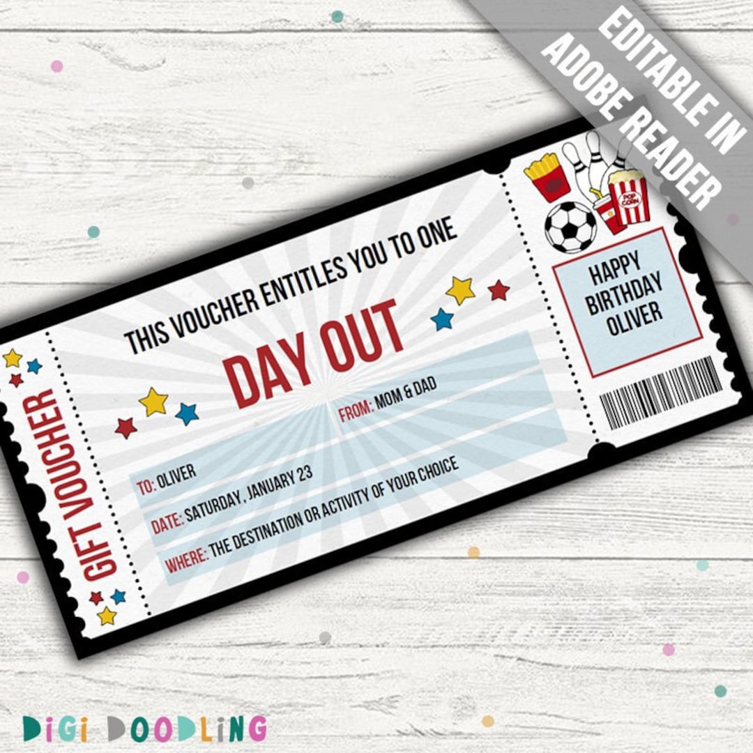 Birthday Day Out Voucher Template for Kids. Printable Day Out Ticket