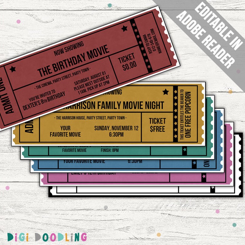 movie ticket template movie invitation event ticket etsy