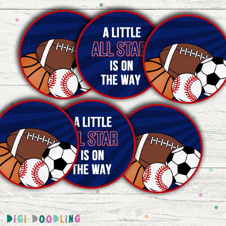 All Star Sports Baby Shower Decorations Printable Cake Toppers Party Circles Instant