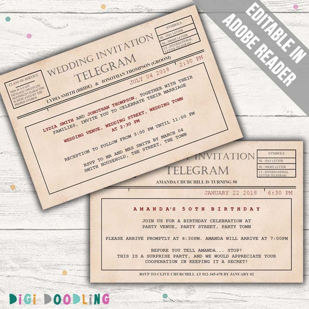 Telegram Invitation Template baby Shower, Wedding, Birthday, Retirement