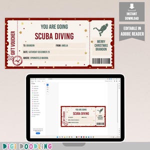 Plantilla de certificado de regalo de buceo navideño. Vale de regalo de buceo imprimible. Vale de experiencia de buceo sorpresa. Editable.
