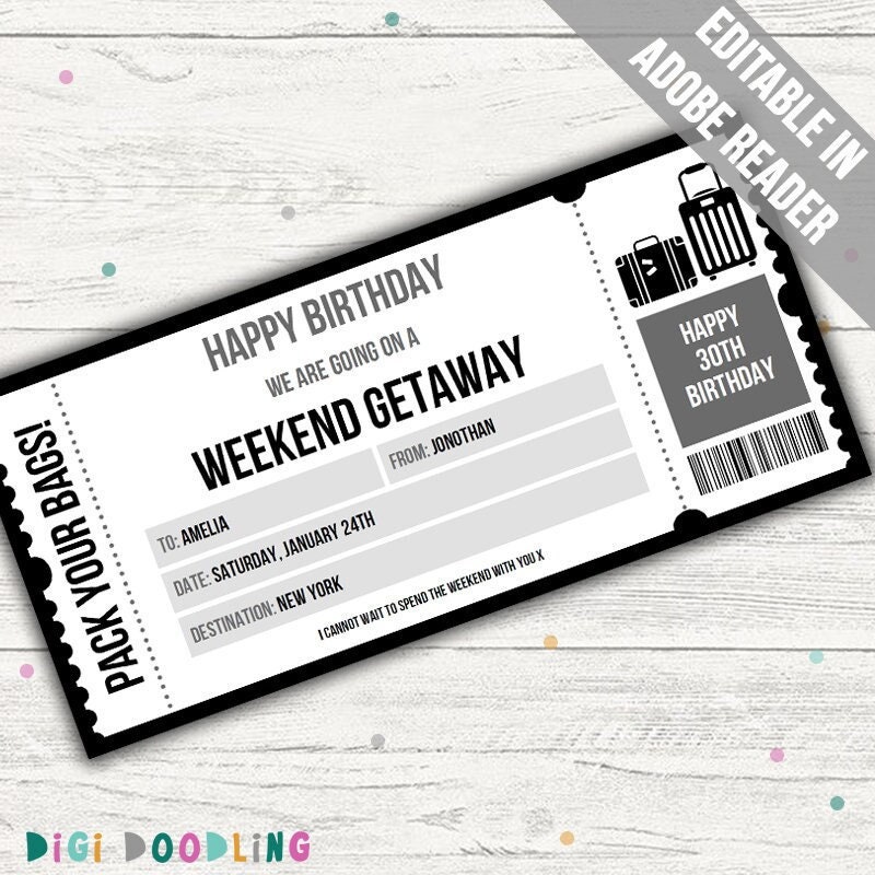Weekend Getaway Ticket Template. Surprise Weekend Away. Weekend Getaway Voucher. Weekend Away Reveal. Weekend Away Gift. Editable. Printable