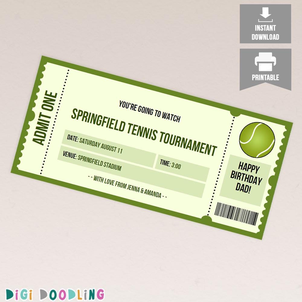 Surprise Tennis Ticket Template. Tennis Game Ticket. Tennis Tournament Gift Ticket. Tennis Gift Voucher. Editable. Printable. Etsy