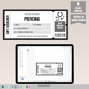 May include: A printable gift voucher for a piercing. The voucher is black and white and has a design that looks like a ticket. The text on the voucher says "You are getting a piercing" and "Happy Birthday Amelia!"