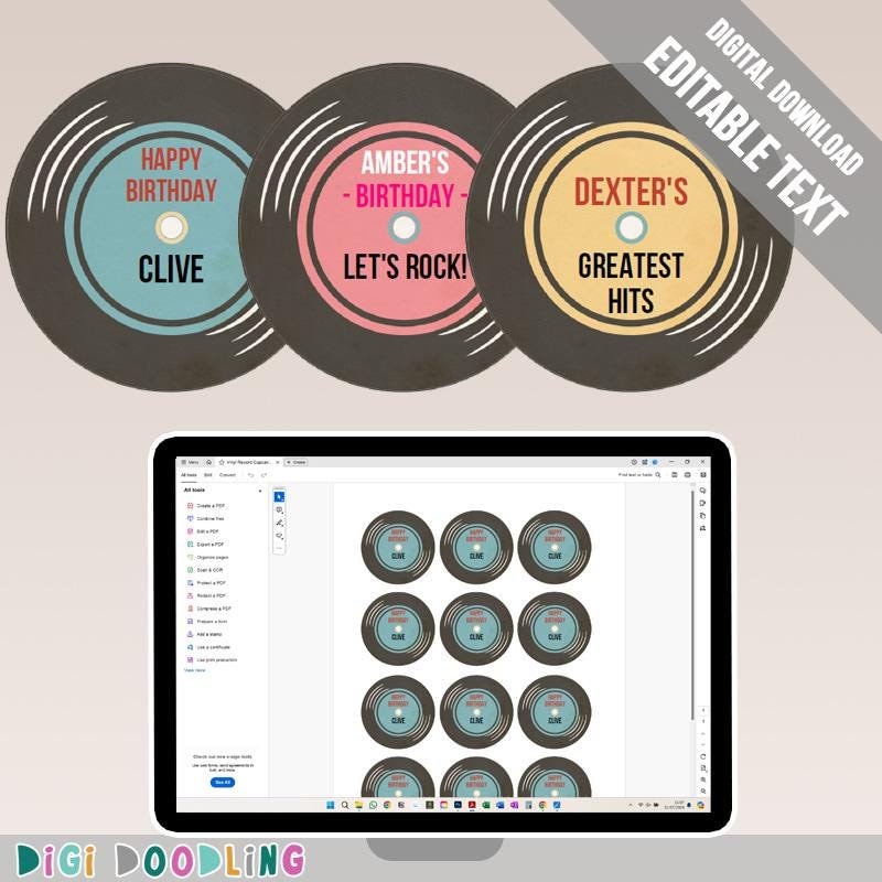 Druckbare Schallplatte/Cupcake Toppers. Schallplatten-Partydekorationen. Musik-Party-Dekor. Bearbeitbar im Adobe Reader.
