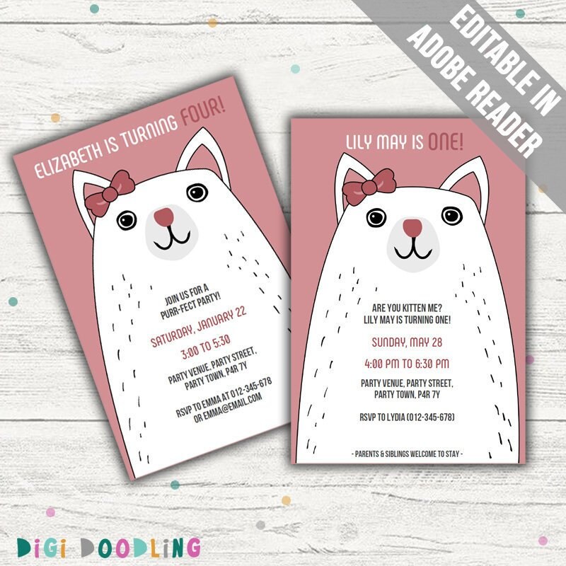 Kitten Birthday Invitation Cat Party Invitations. Pink. Etsy