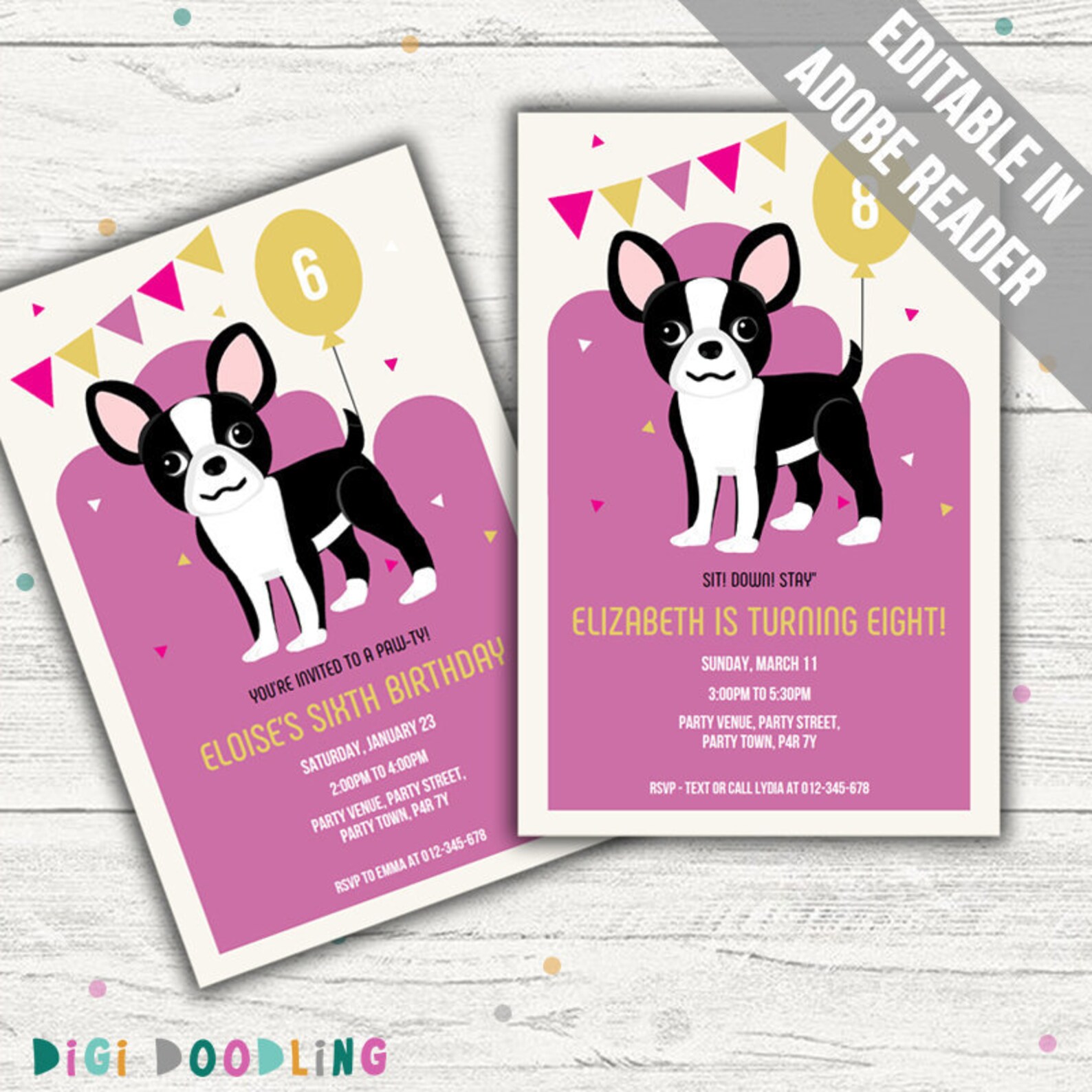 Boston Terrier Invitation dog Birthday Party Invitation. Etsy