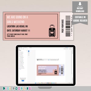 Modèle de billet pour le week-end entre filles (ROSE). Invitation week-end entre filles. Billet de voyage entre filles. Bon cadeau voyage surprise. Modifiable. Imprimable.