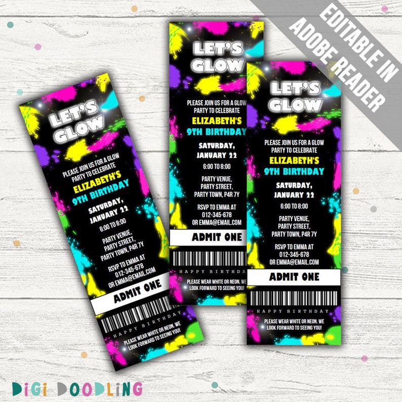 Neon Glow Party Ticket Invitation. Editable PDF. Printable. Etsy