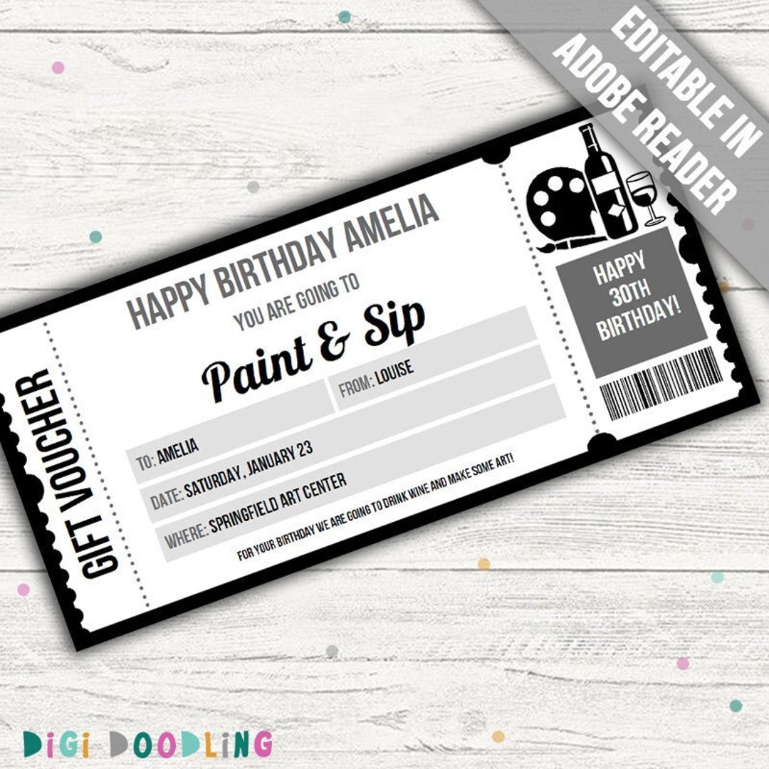 Paint and Sip Voucher Template. Printable Paint and Sip Gift Voucher. Editable Paint N Sip