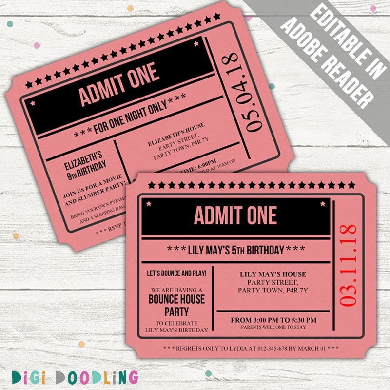 ticket invitation template pink editable pdf printable etsy