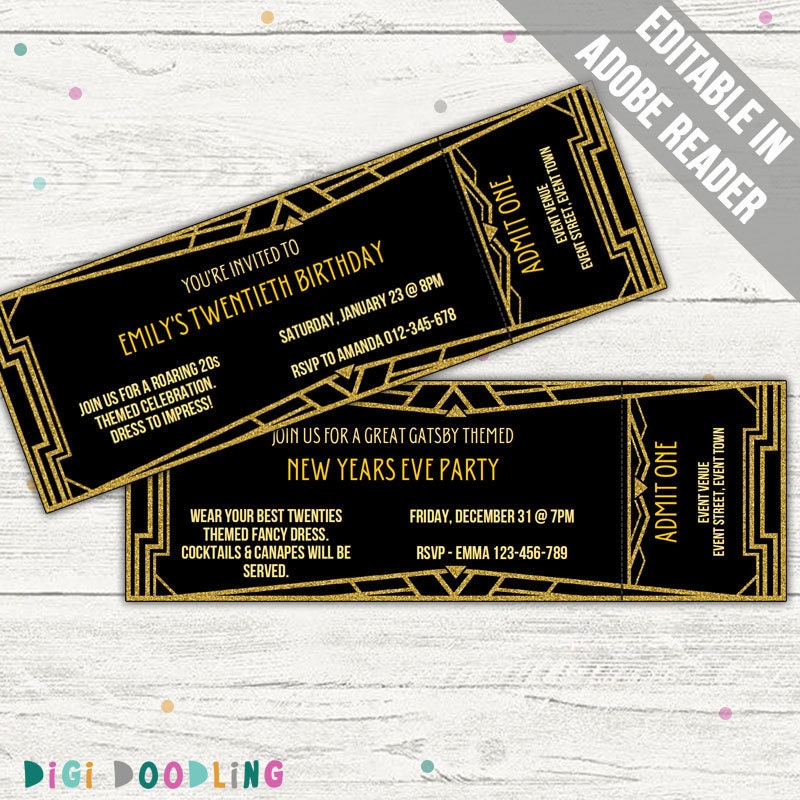 Art deco-uitnodigingssjabloon. Uitnodiging voor de Roaring 20s. 1920 feestuitnodiging. Zwart en goud uitnodigen. Afdrukbaar. Direct downloaden.