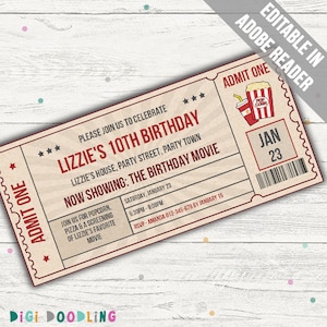 Printable Movie Night Ticket Invitation: Editable Birthday Party Template (Digital Download)