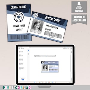 Szablon identyfikatora dentysty do wydrukowania (niebieski). Zabawa w udawanie dentysty. Akcesoria do kostiumów dentystycznych Karta identyfikacyjna. Kostium dentysty na Halloween.