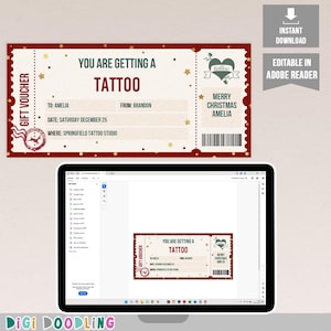 Christmas Tattoo Voucher Template. Printable Tattoo Gift Certificate. Editable Instant Download To Create Tattoo Gifts For Him or Her.