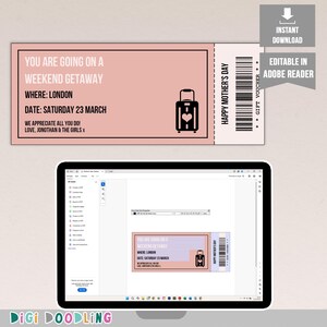 Mothers Day Weekend Getaway Voucher Template. Printable Surprise Trip Ticket. Weekend Away Reveal Ticket. Editable Mothers Day Voucher.