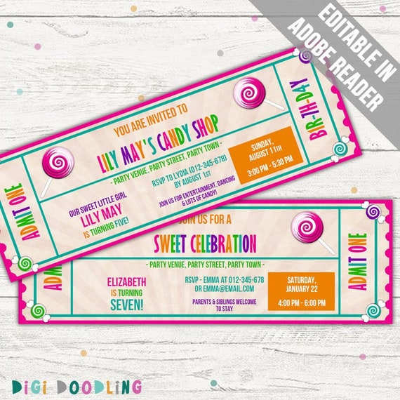 Candy Geburtstag Einladung Vorlage Candy Party Ticket Etsy