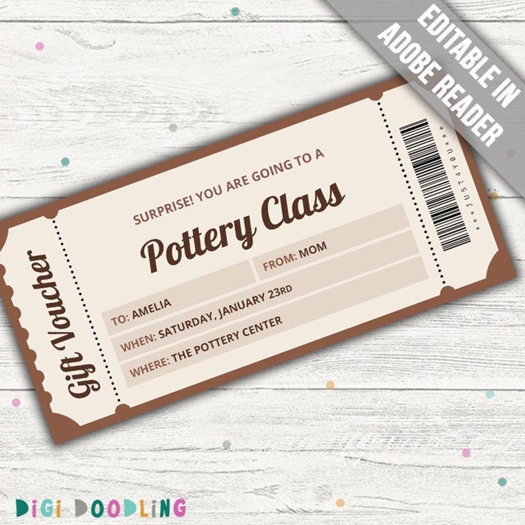 Pottery Class Gift Certificate. Pottery Class Ticket. Pottery Class