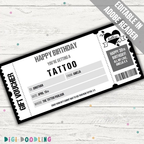 Modèle de bon de tatouage. Bon cadeau tatouage. Certificat-cadeau de tatouage. Modifiable pour toutes les occasions.