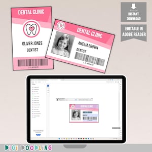 Szablon identyfikatora dentysty do wydrukowania (różowy). Akcesoria do kostiumów dentystycznych Karta identyfikacyjna. Strój dentysty na Halloween. Zabawa w udawanie dentysty.