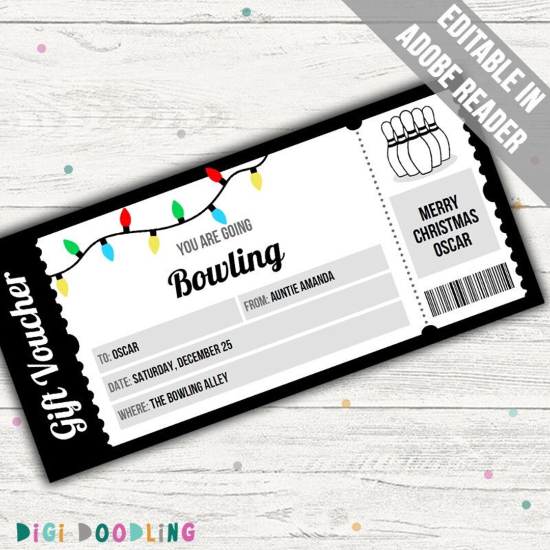 Christmas Bowling Gift Voucher. Bowling Ticket Template. Etsy